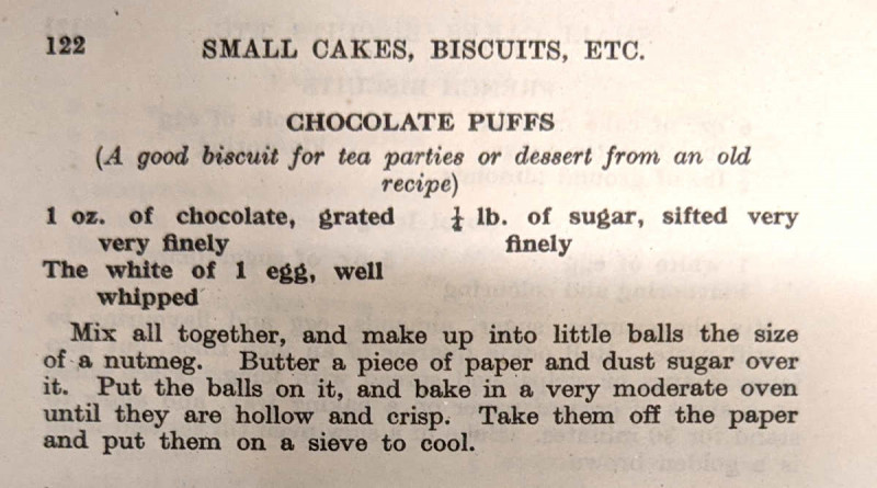 Recipe for chocolate puffs from the Berkshire Federation of Women's Institute From Hand to Mouth book 1944 ref. D/EX2547/4/6/6