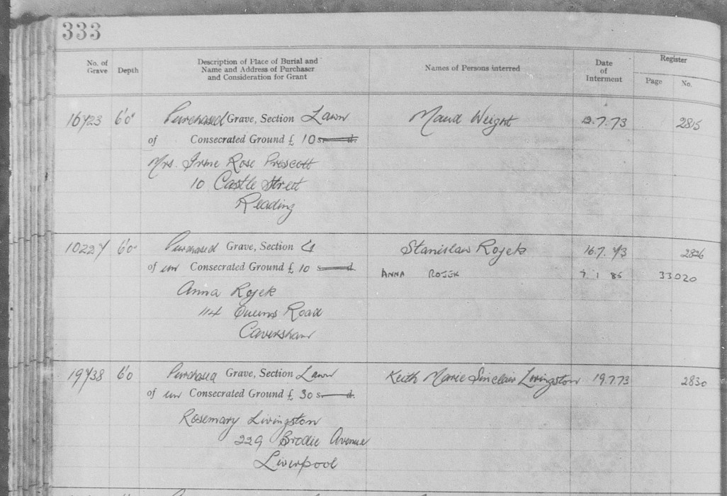Entry for Anna Rojek in the Henley Road Cemetery register of graves 1985, ref. R/UC3/3/8