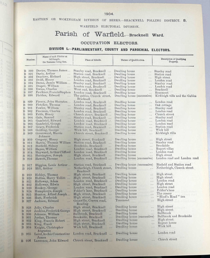 1904 Warfield Electoral Register page of entries ref. C/CL/R1/12/3