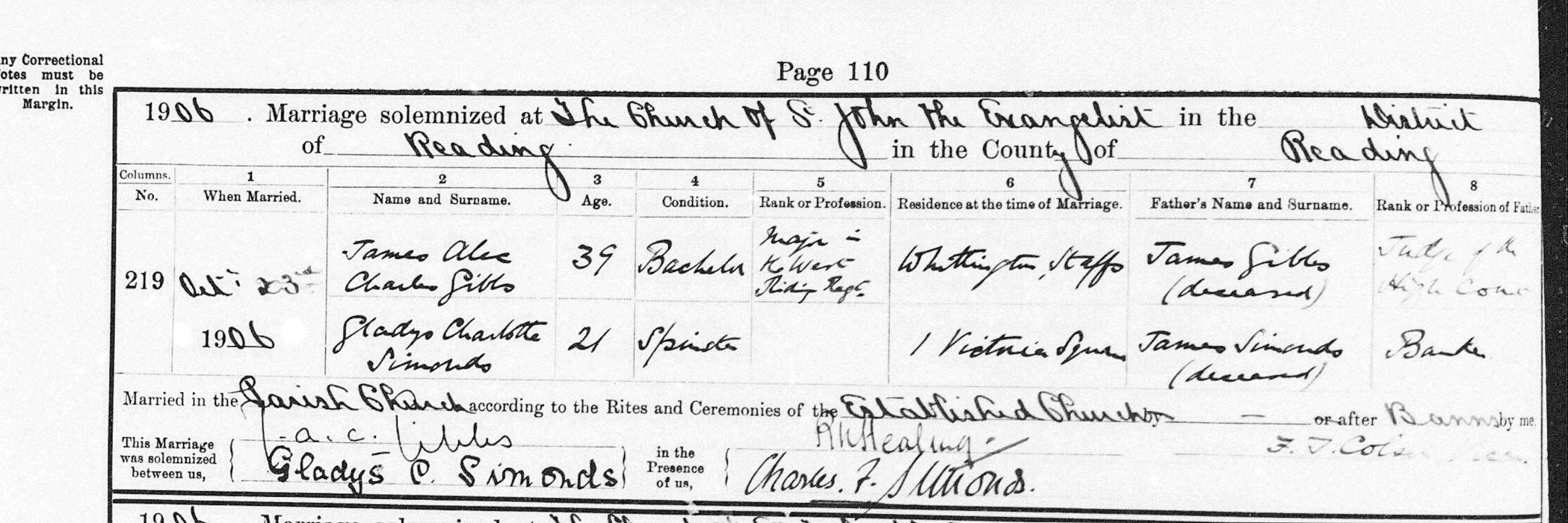 Entry from Reading St John marriage register 1906; ref. D/9172/1/8