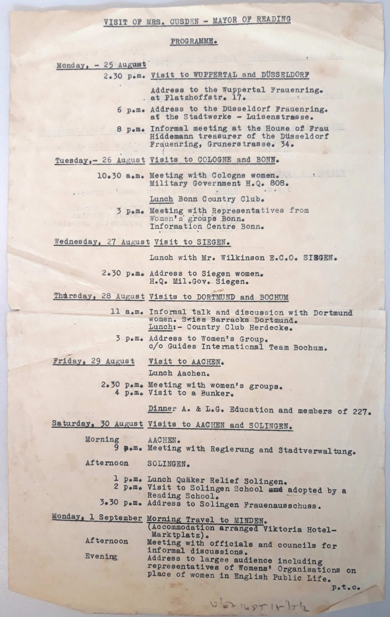 Itinerary for visit to Dusseldorf by Phoebe Cusden in 1947 ref. D/EX1485/5/5/2