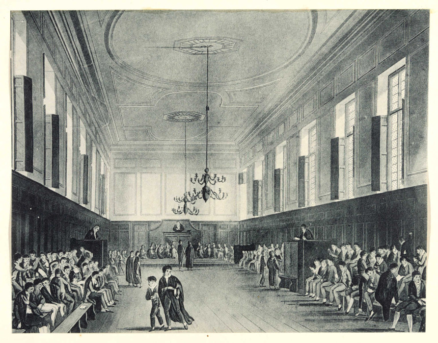 Drawing of a hall with school boys sat around the edges - a popular conception of Eton, 1904 ref. D/EWK/B5/11