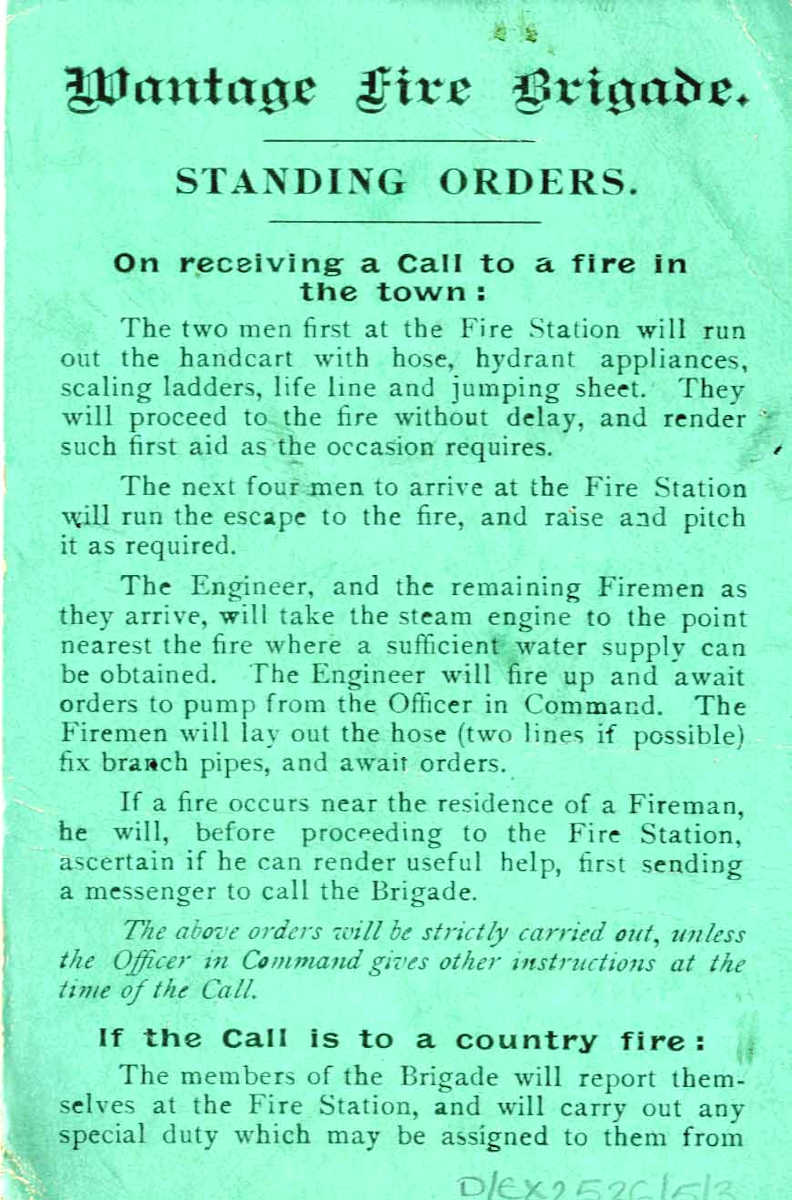 Text from Wantage Fire Brigade document 1920s ref. D/EX2526
