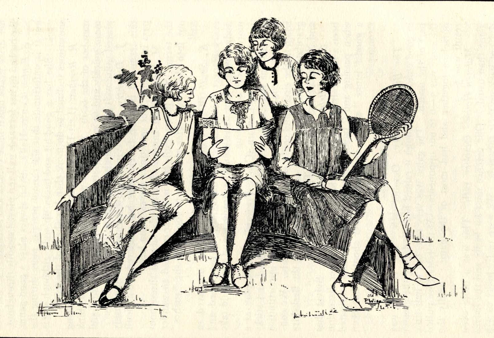 Sketch drawing of girls sat on a bench at Wilton House school ref. D/EX2816/4