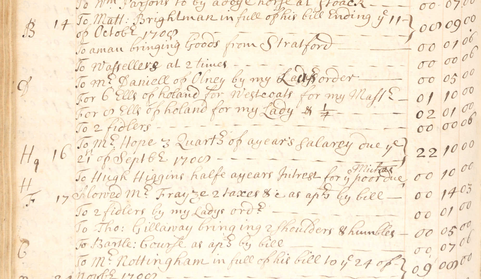 1708 document in handwritten English referring to wassellers and fiddlers