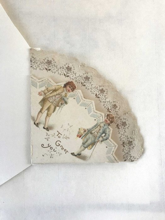 Nineteenth century greetings card showing two boys with the words To greet you