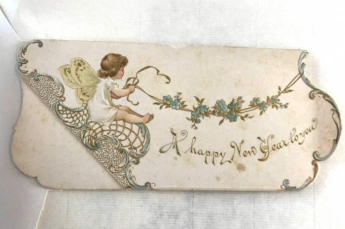 Nineteenth century greetings card showing a fairy with the words A Happy New Year to you