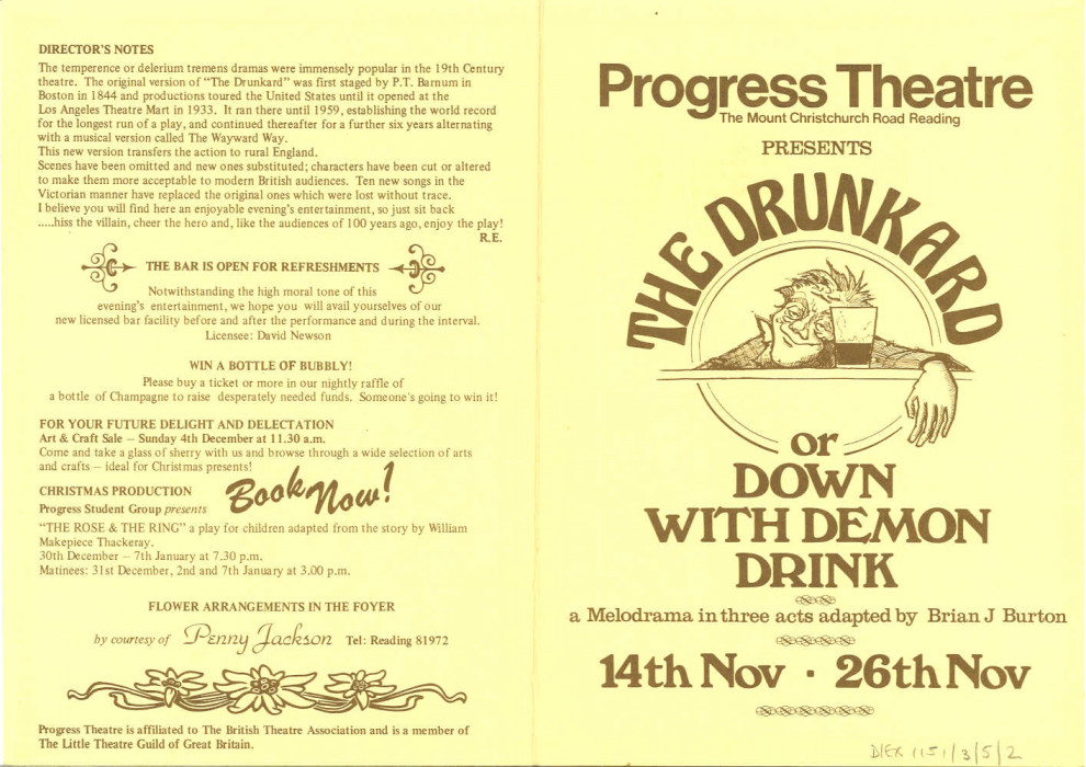 Programme for production of The Drunkard or Down with Demon Drink at Progress Theatre, Reading 1977