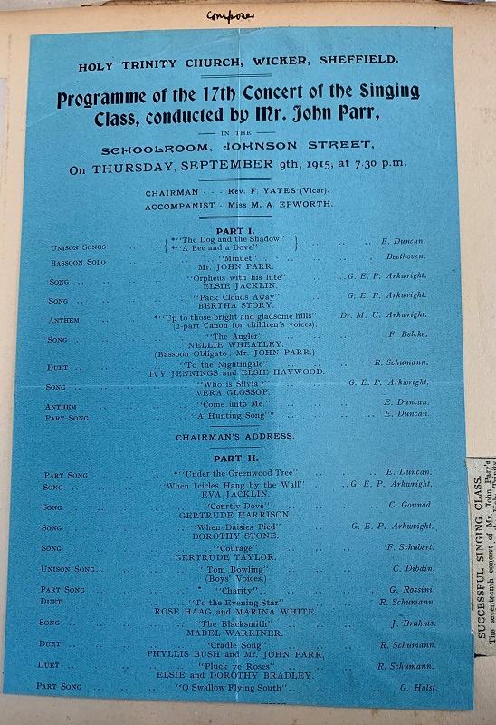 Singing Class programme 1915 ref. D/EX1090/8/1