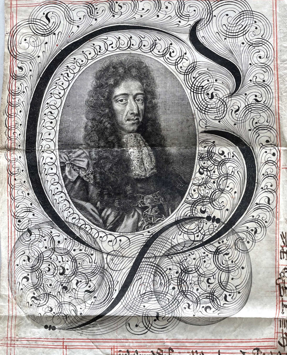 Portrait initial of William II on an exemplification of a common recovery deed, 1689 ref. D/EZ213/2/1