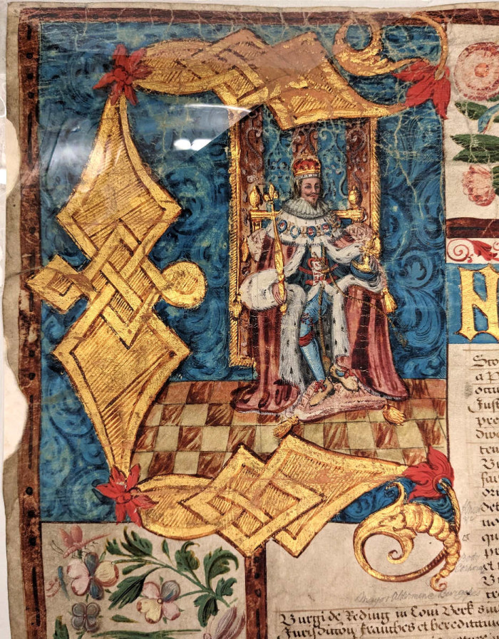 Close up of coloured portrait initial C of King Charles I 1638 reference R/IC1/10