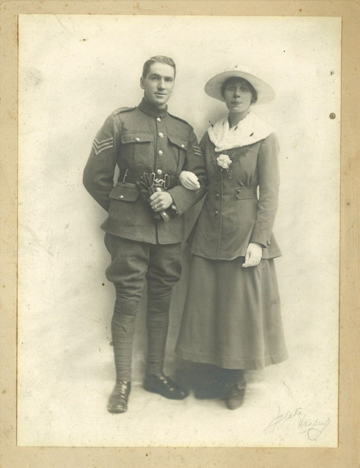 A man (Corporal Ernest Hughes) and a woman (Alice Shorter) stand on their wedding day 1917 ref/ D/EX2912/7