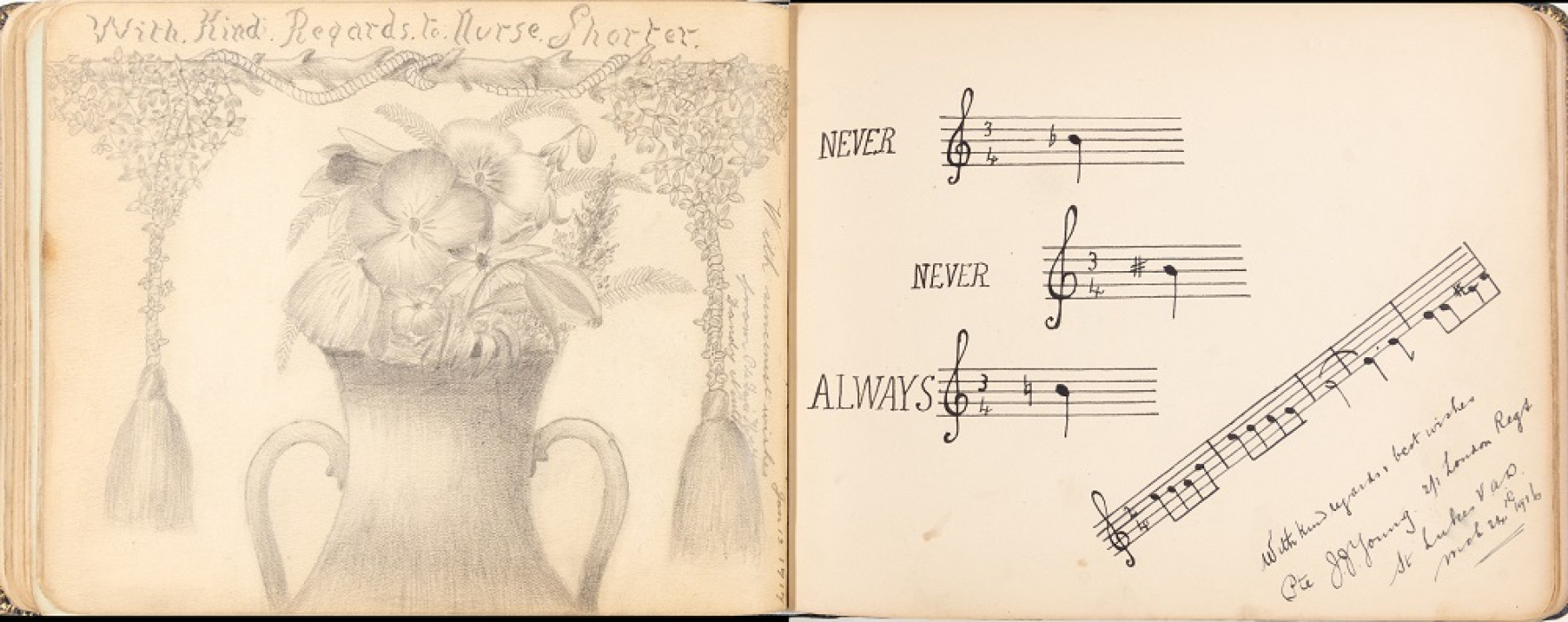 Sketch drawing of a vase with flowers and musical notes from page in an album c. 1915 ref. D/EX2912/1